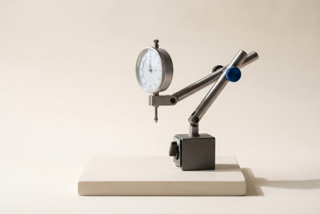 A precision dial test indicator on a stone plinth, its needle resting at zero