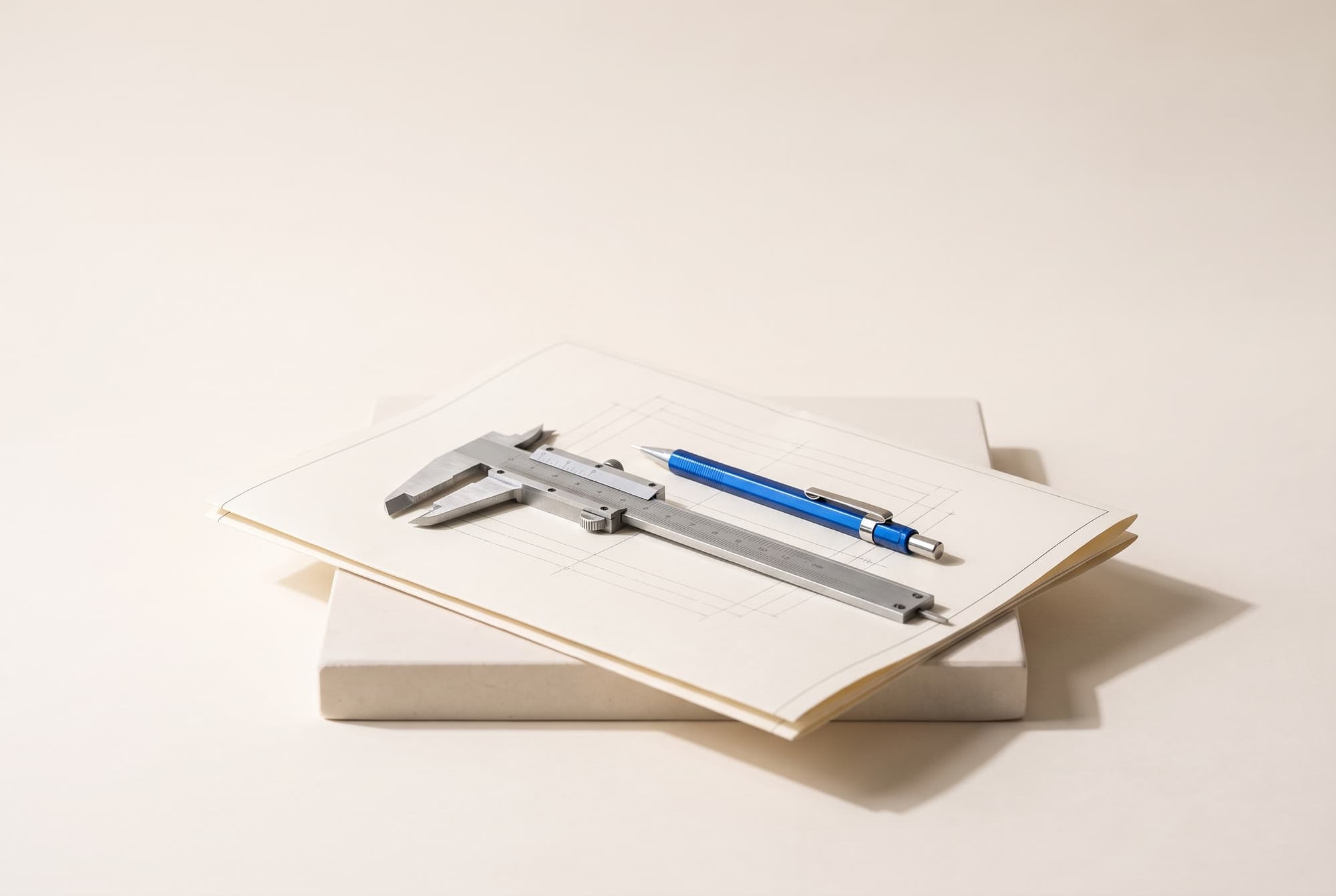 A steel vernier caliper and a cobalt mechanical pencil on a folded sheet of drafting paper